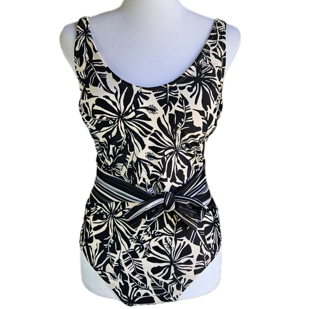 Ellen Tracy One Piece Swimsuit Womens 10 Neutral Tropical Beach Vacation Tie NWT